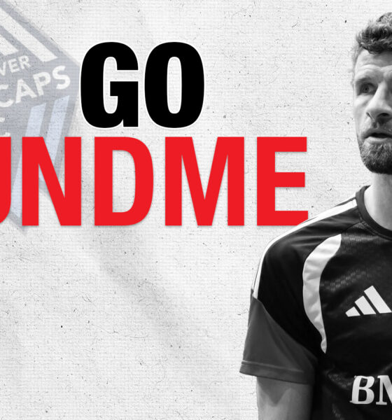 GoFundMe banner with a Vancouver Whitecaps FC player in a black jersey, plus MLS Conexión badge on the left and bold text.