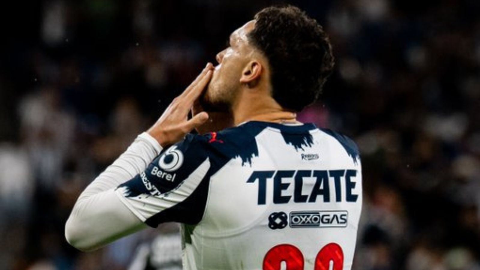 Back view of a soccer player in a white and navy Tecate jersey, hands near his face in a stadium celebration.