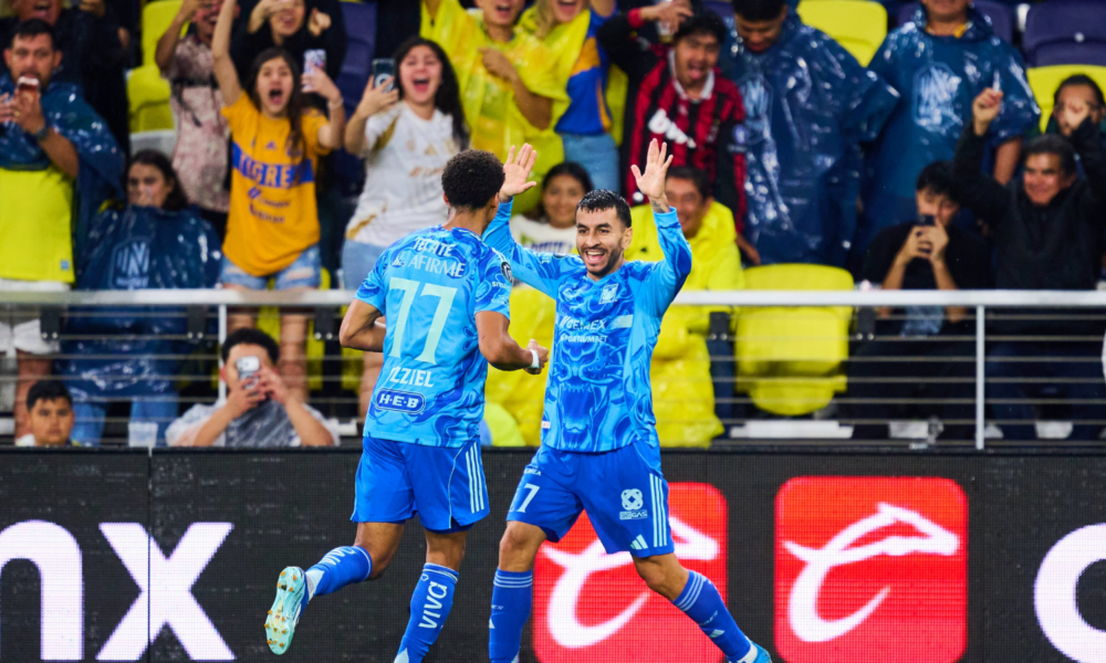 Two soccer players in blue jerseys celebrate a goal while high-fiving on the pitch as cheering fans look on from the stands behind a barrier.