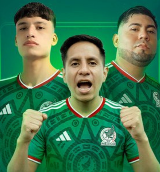 Three Mexican soccer players in green jerseys standing in a heroic pose against a teal background, with the central player shouting and fists clenched.