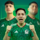 Three Mexican soccer players in green jerseys standing in a heroic pose against a teal background, with the central player shouting and fists clenched.