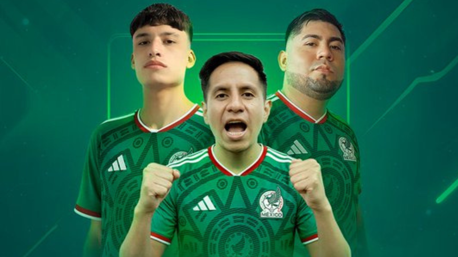 Three Mexican soccer players in green jerseys standing in a heroic pose against a teal background, with the central player shouting and fists clenched.