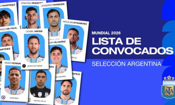 Argentina World Cup 2026: list of called-up players banner featuring team cards and AFA crest on a blue background