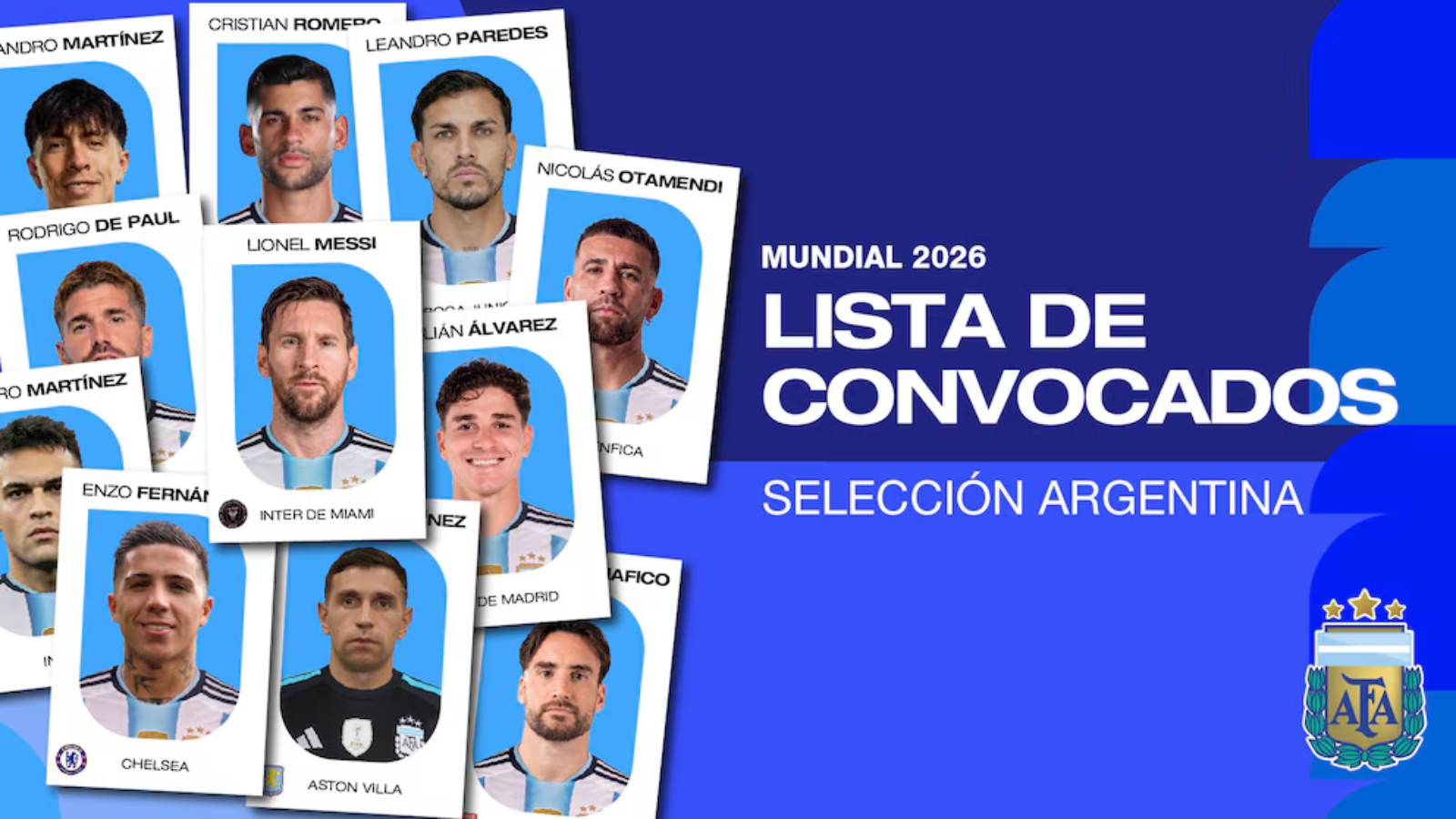 Argentina World Cup 2026: list of called-up players banner featuring team cards and AFA crest on a blue background