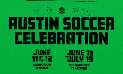 Austin Soccer Celebration poster on a green background with bold, distressed black text announcing dates and venues.