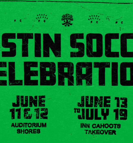 Austin Soccer Celebration poster on a green background with bold, distressed black text announcing dates and venues.