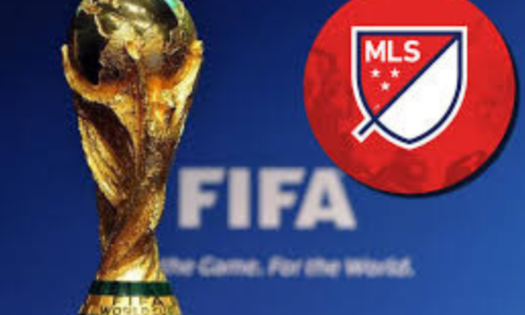 Golden FIFA World Cup trophy next to the MLS crest on a blue background, conveying soccer branding