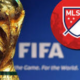 Golden FIFA World Cup trophy next to the MLS crest on a blue background, conveying soccer branding