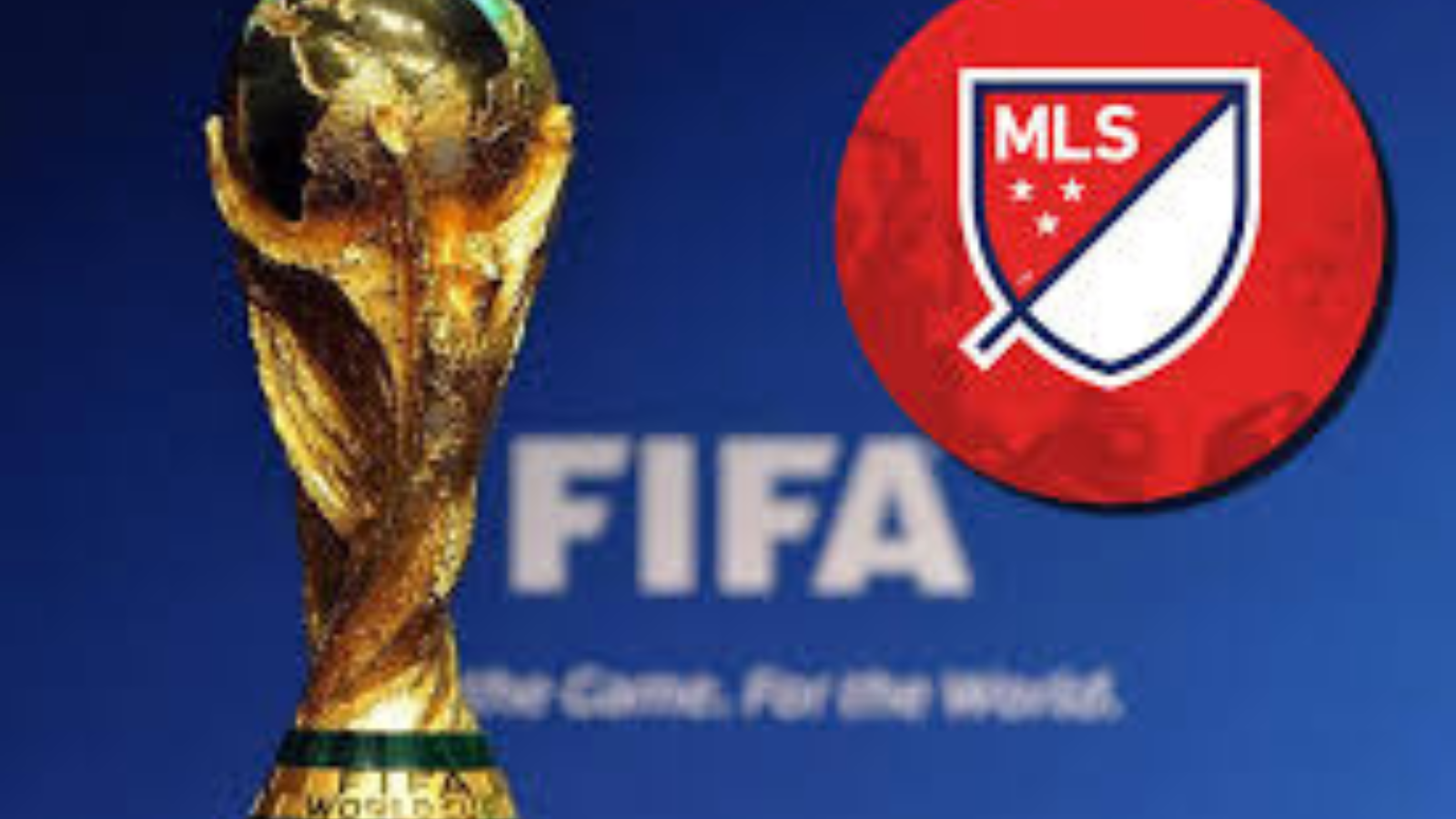 Golden FIFA World Cup trophy next to the MLS crest on a blue background, conveying soccer branding