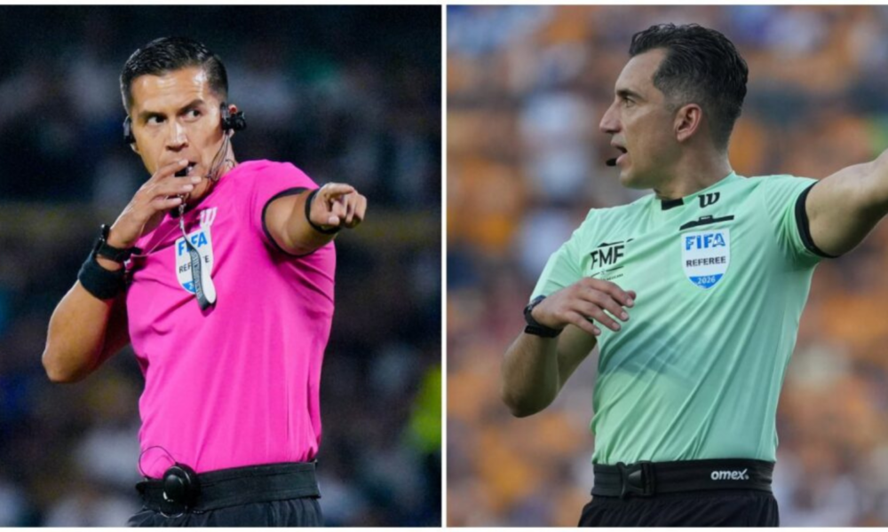 Two soccer referees in split-frame shots: left in pink shirt signaling with hand to chin, right in mint jersey signaling with arm outstretched