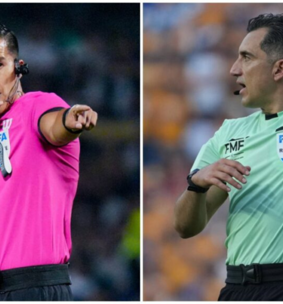 Two soccer referees in split-frame shots: left in pink shirt signaling with hand to chin, right in mint jersey signaling with arm outstretched