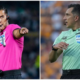 Two soccer referees in split-frame shots: left in pink shirt signaling with hand to chin, right in mint jersey signaling with arm outstretched