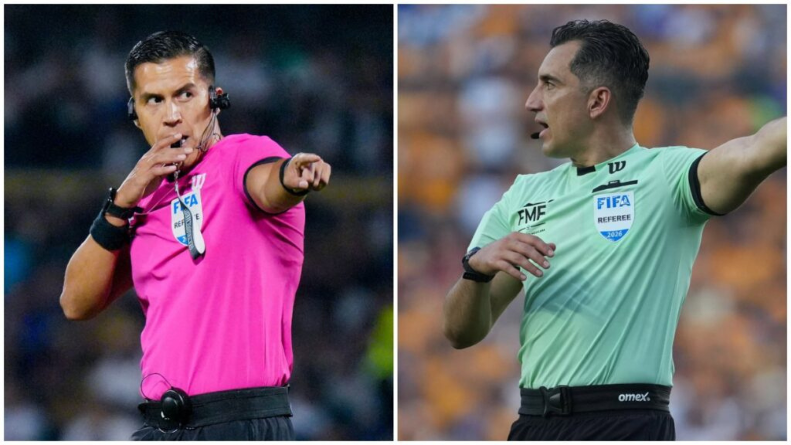 Two soccer referees in split-frame shots: left in pink shirt signaling with hand to chin, right in mint jersey signaling with arm outstretched