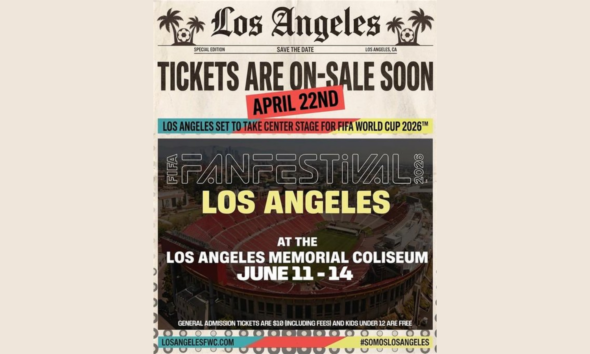 Promotional poster for FIFA Fan Festival Los Angeles at the Memorial Coliseum, June 11–14, with tickets on sale soon (April 22).