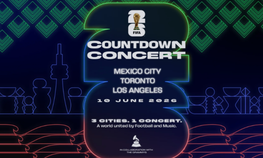Neon concert poster announcing FIFA 26 Countdown Concert in Mexico City, Toronto, and Los Angeles on 10 June 2026, with a three-city, one-concert theme and Grammys collaboration.
