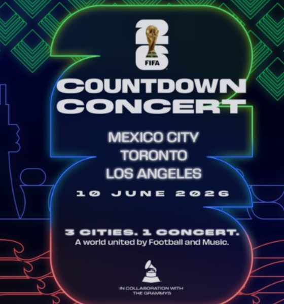 Neon concert poster announcing FIFA 26 Countdown Concert in Mexico City, Toronto, and Los Angeles on 10 June 2026, with a three-city, one-concert theme and Grammys collaboration.