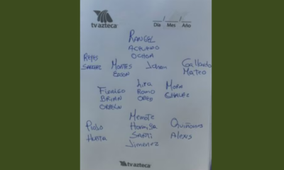 Handwritten roster of names on a sheet of paper with TV Azteca logos at the top, arranged in a loose column layout.