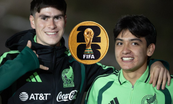 Two young Mexican soccer players pose with arms around each other, smiling, with a large FIFA World Cup patch centered between them.