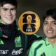 Two young Mexican soccer players pose with arms around each other, smiling, with a large FIFA World Cup patch centered between them.