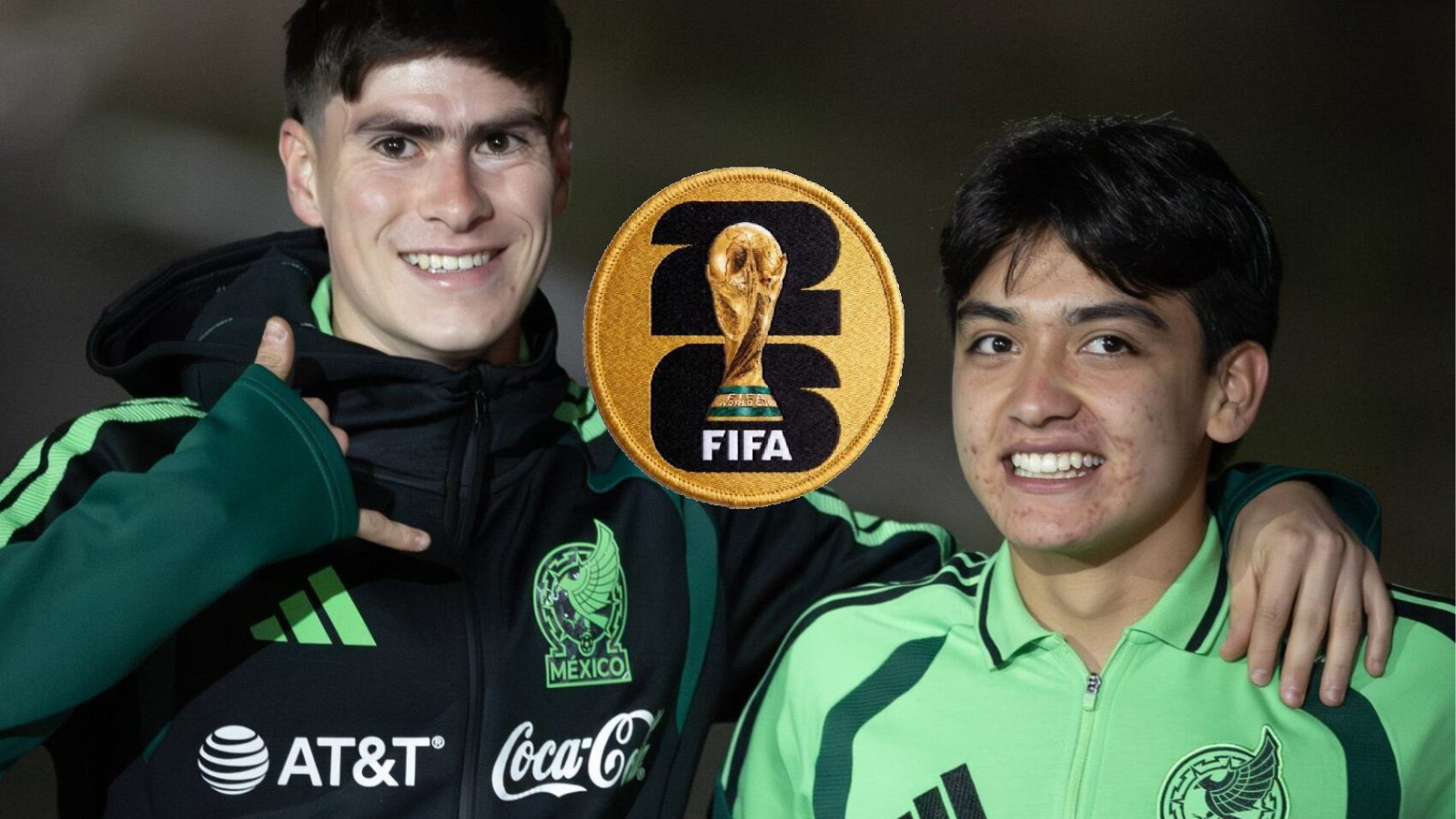 Two young Mexican soccer players pose with arms around each other, smiling, with a large FIFA World Cup patch centered between them.