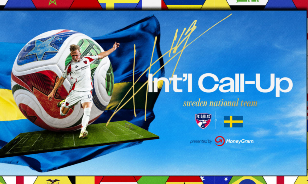 Sweden national team Int'l Call-Up graphic: soccer player kicking a colorful ball against a blue background with flags, FC Dallas and Sweden icons, MoneyGram logo.