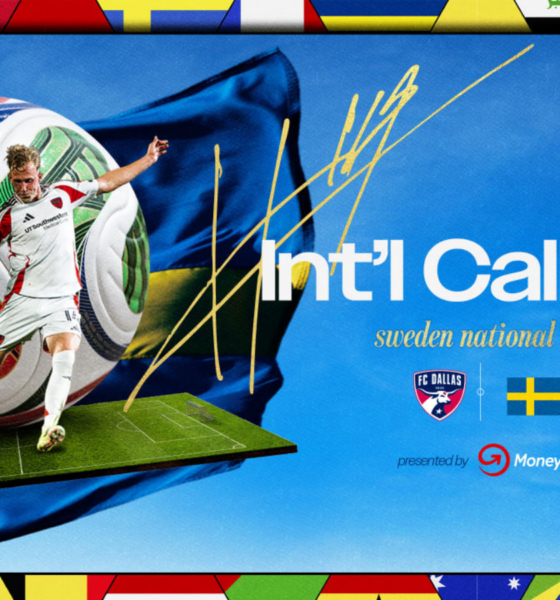 Sweden national team Int'l Call-Up graphic: soccer player kicking a colorful ball against a blue background with flags, FC Dallas and Sweden icons, MoneyGram logo.