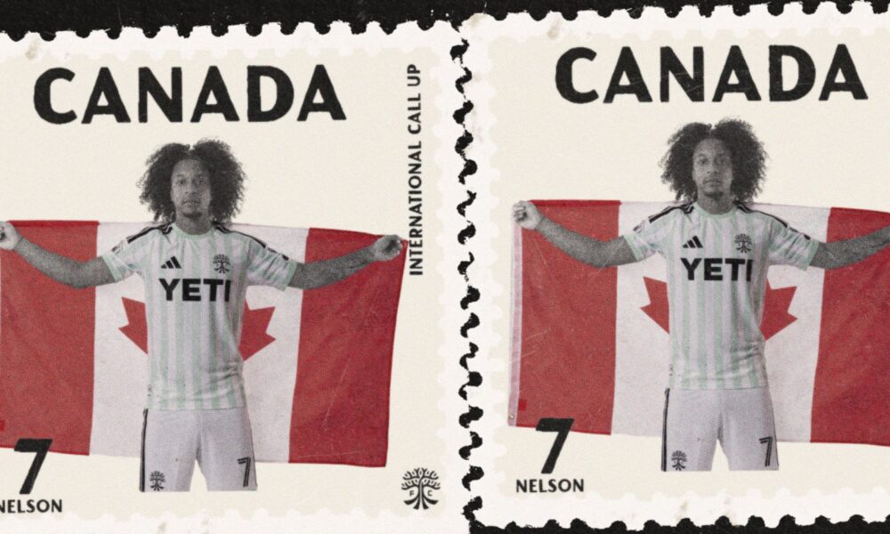 Two Canadian stamps feature a soccer player holding a Canadian flag, wearing a YETI jersey, with 'Nelson' and number 7 shown.