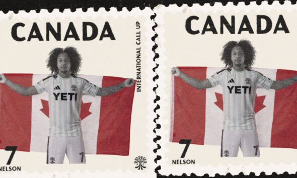 Two Canadian stamps feature a soccer player holding a Canadian flag, wearing a YETI jersey, with 'Nelson' and number 7 shown.