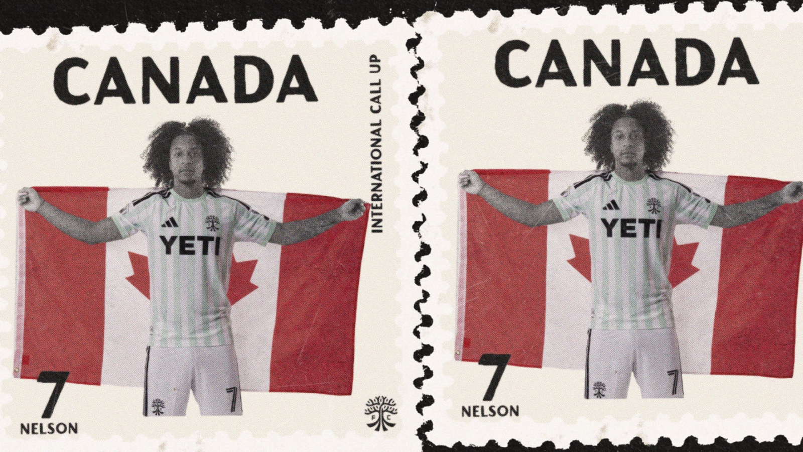 Two Canadian stamps feature a soccer player holding a Canadian flag, wearing a YETI jersey, with 'Nelson' and number 7 shown.