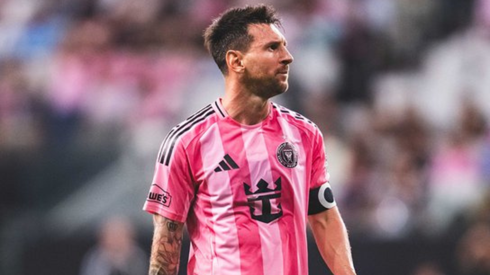 Soccer player in a pink striped jersey with a captain's armband looking to the right on the field.