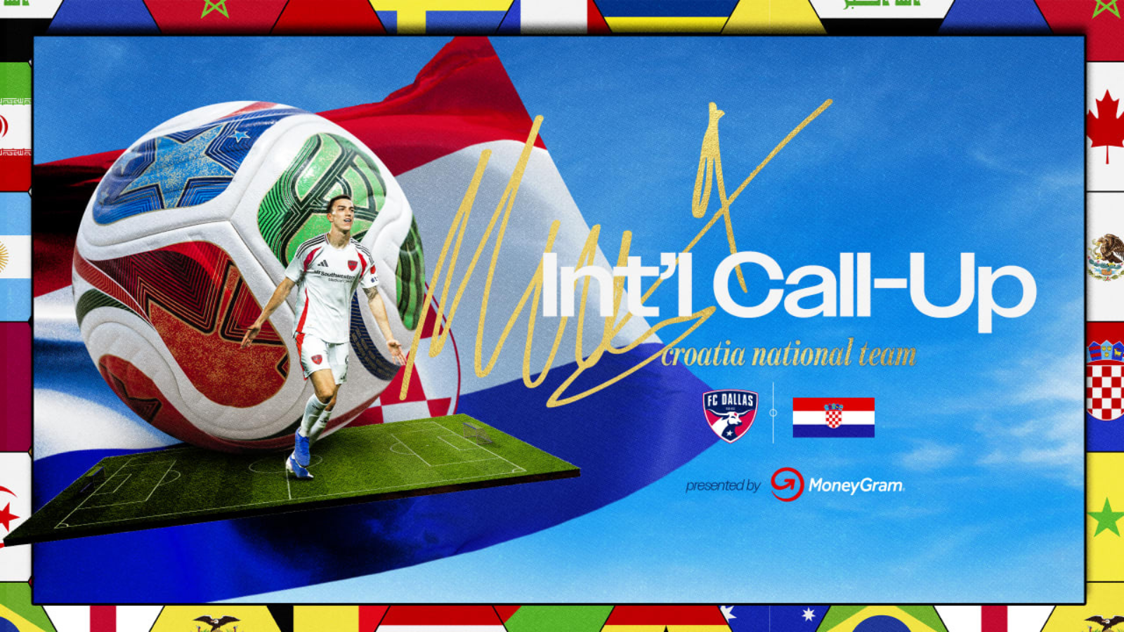 Poster for Croatia national team Int'l Call-Up with a giant soccer ball, a player in white kit on a small pitch, and a blue backdrop with flags and a gold autograph-like signature.
