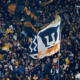 Large crowd of sports fans waving blue and gold flags at a stadium in celebration or support for a team.