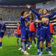 Soccer players in blue jerseys celebrate a goal on the field as fans cheer in the stadium stands.