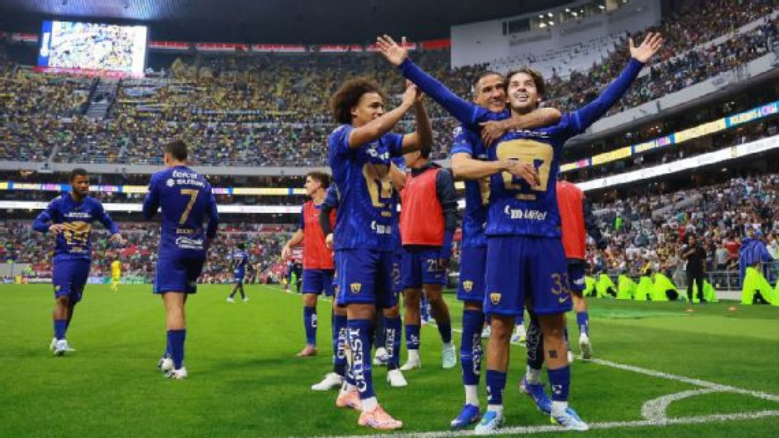 Soccer players in blue jerseys celebrate a goal on the field as fans cheer in the stadium stands.