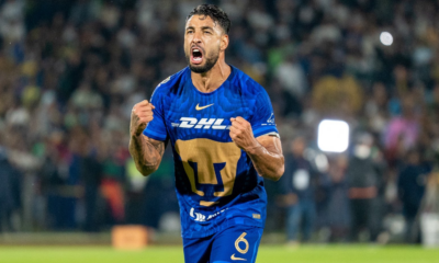 Soccer player in a blue DHL jersey celebrating with clenched fists on the pitch, crowd in the stands behind him.