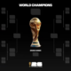 World Cup 2026 bracket with group panels on both sides and a bronze trophy at the center; 'WORLD CHAMPIONS' header above.