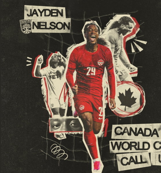 Collage of Canadian soccer players celebrating, center figure in red jersey with '24', surrounded by text and graphics reading 'Canada World Cup Call Up' and 'Jayden Nelson'.