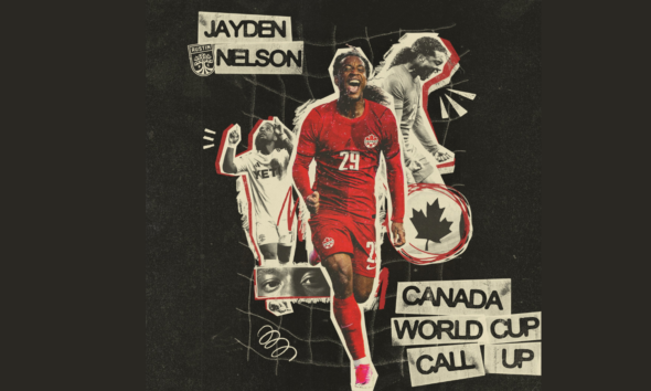 Collage of Canadian soccer players celebrating, center figure in red jersey with '24', surrounded by text and graphics reading 'Canada World Cup Call Up' and 'Jayden Nelson'.