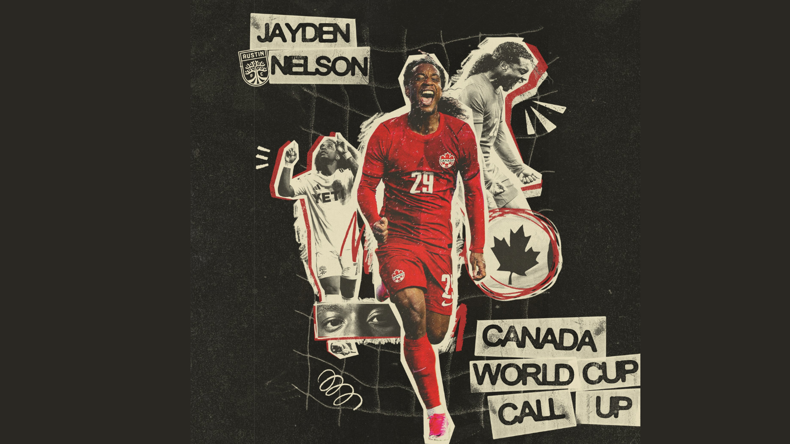 Collage of Canadian soccer players celebrating, center figure in red jersey with '24', surrounded by text and graphics reading 'Canada World Cup Call Up' and 'Jayden Nelson'.