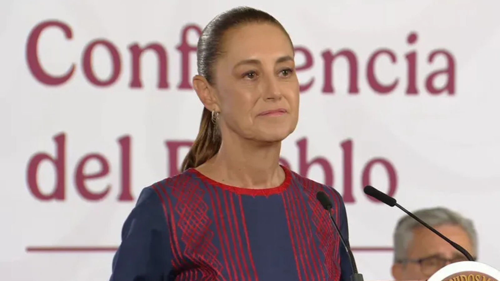 Woman stands at a podium giving a speech, wearing a navy dress with red embroidery and a high ponytail, microphones in front, banner behind she speaks at a formal event.
