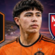 Portrait of a young soccer player in an orange Houston Dynamo FC jersey, with MLS logo in the background.