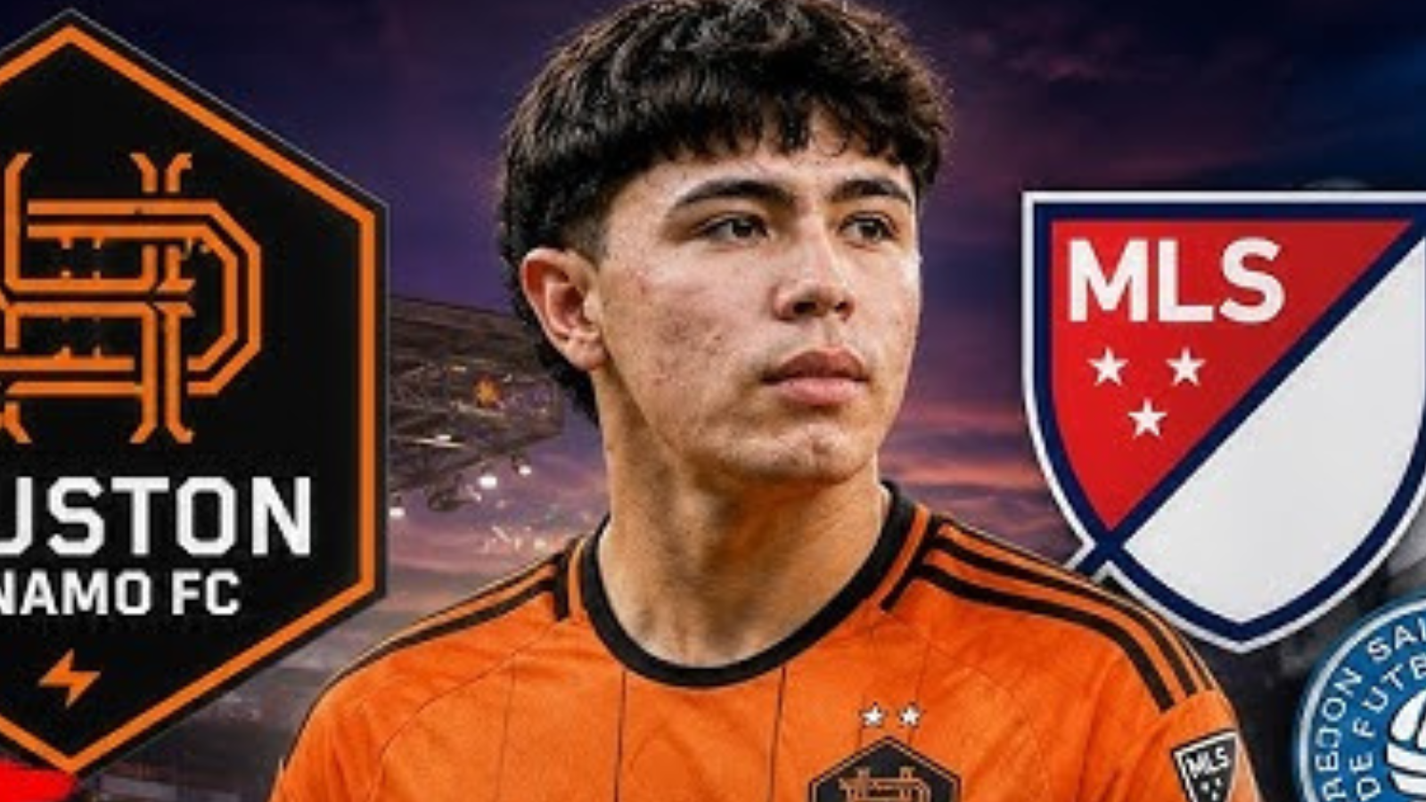 Portrait of a young soccer player in an orange Houston Dynamo FC jersey, with MLS logo in the background.