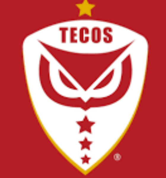 TECOS logo on a red background: white shield with a red stylized emblem and the word TECOS at the top, with small stars along the bottom edge.