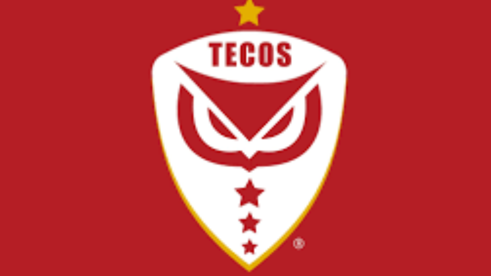 TECOS logo on a red background: white shield with a red stylized emblem and the word TECOS at the top, with small stars along the bottom edge.