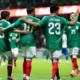 Soccer players in green jerseys celebrate with arms around each other on the field.
