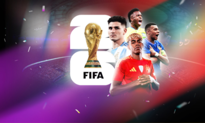 Wide collage of soccer players celebrating in a colorful stadium with the FIFA World Cup 2022 logo and trophy in the center, conveying excitement and global competition.