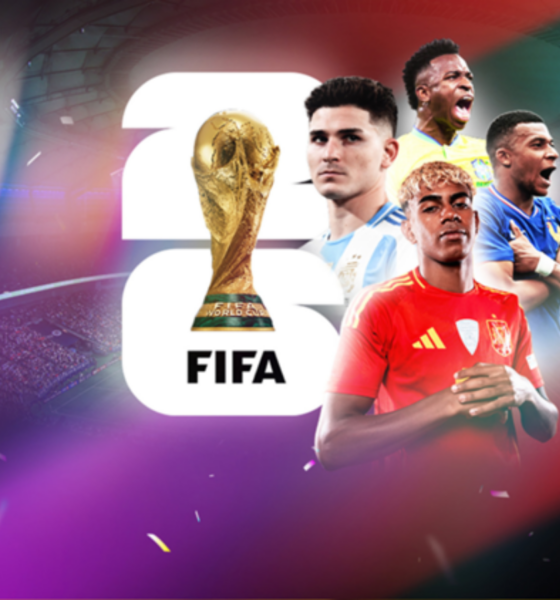 Wide collage of soccer players celebrating in a colorful stadium with the FIFA World Cup 2022 logo and trophy in the center, conveying excitement and global competition.