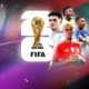 Wide collage of soccer players celebrating in a colorful stadium with the FIFA World Cup 2022 logo and trophy in the center, conveying excitement and global competition.