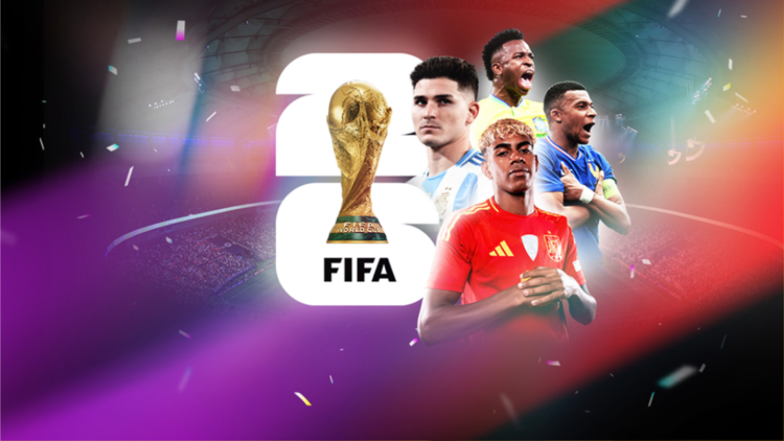 Wide collage of soccer players celebrating in a colorful stadium with the FIFA World Cup 2022 logo and trophy in the center, conveying excitement and global competition.